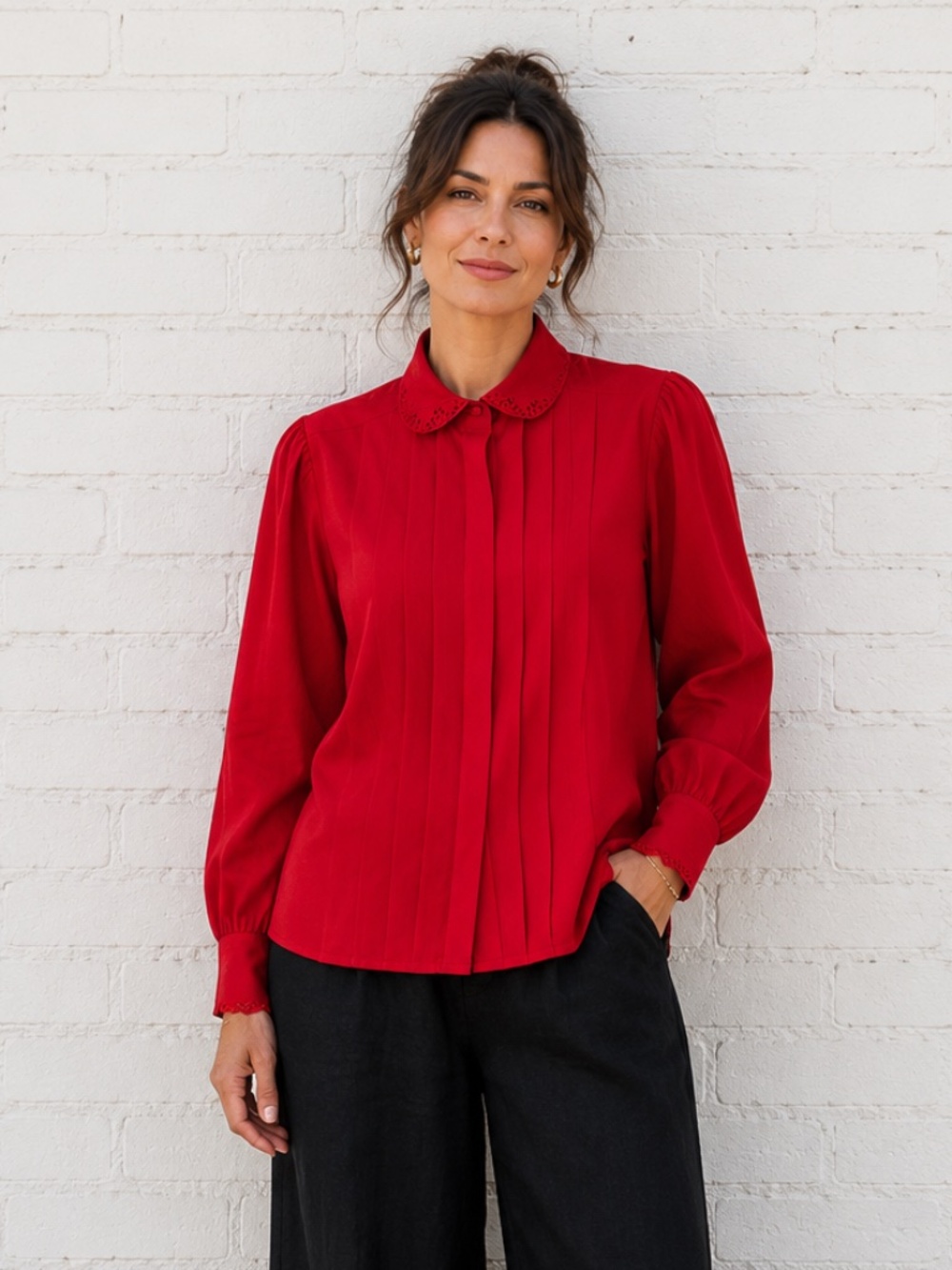 Vintage Red Pleated Lace Collar Blouse Long Sleeve Bow Neck M/L